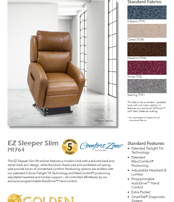 GOLDEN TECHNOLOGIES | 5 COMFORT ZONES | EZ SLEEPER SLIM W TWILIGHT LIFT CHAIR PR764